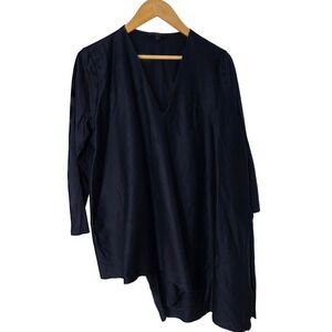 COS Women Large Navy Blue Tunic Asymmetrical V-Neck 3/4 Sleeve Cotton Blouse